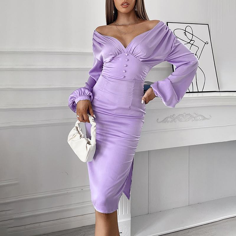Celmia Elegant Party Dress 2022 Women Sexy Off Shoulder Knee-length Satin Dress Buttons Hem Slit Pleated Bodycon Club Vestidos