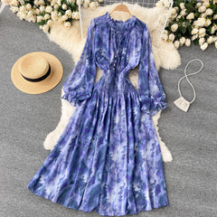 Celebrities' high-end women's clothing elegant printed French dress with slim waist and puff sleeves super  big  long skirt