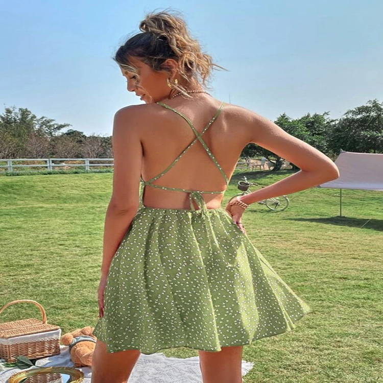 فستان صيفي جديد مطبوع النثار القلب المطبوع عبر الدانتيل فستان بدون ظهر مطبوعة بوهو فستان الشاطئ فستان الصيف 