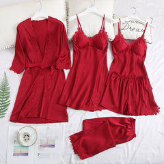 Five-piece pajamas women's summer thin ice silk suspender nightdress nightgown set