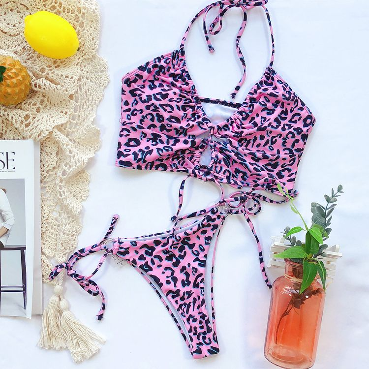 Sexy High Cut Leopard Bikini Women Swimwear Female Swimsuit Two-pieces Bikini set Lace Up Bather Bathing Suit Swim