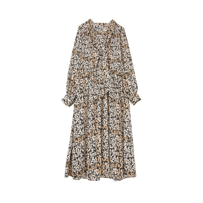 جديد وصول موضة الربيع ميدي فستان الشاطئ المرأة OL مزاجه طباعة الأزهار الخامس الرقبة فانوس كم عطلة بوهو فستان من الشيفون 