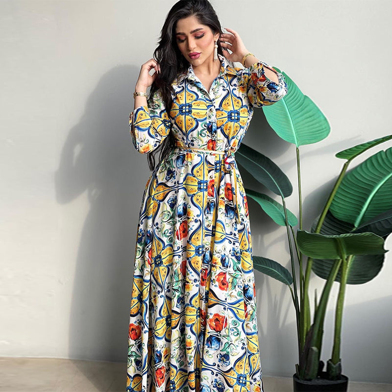 Ethnic Print Maxi Dress for Women 2022 Lapel Single-breasted Dubai Floral Abaya Arabic Oman Middle East Muslim Clothes