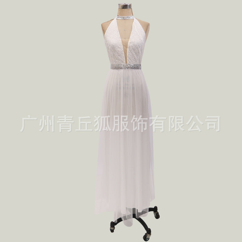 New European and American women's dress wish mesh long-sleeved wedding dress swing dress