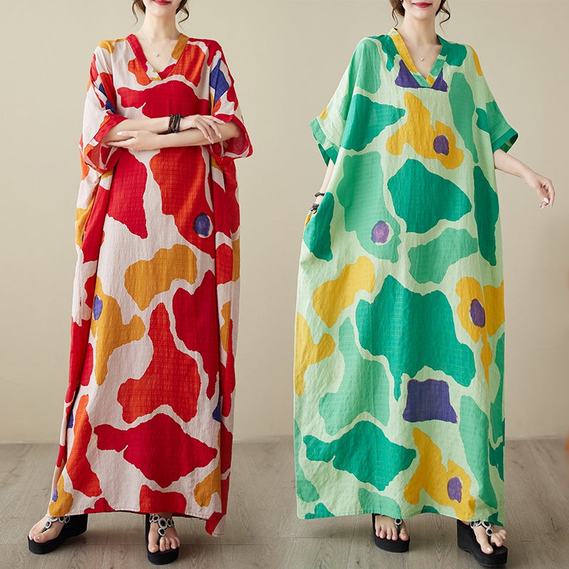 Women's Summer V-neck Thin Cotton Linen Dress Large Size  Literary Vacation Style Beach Skirt Retro Covering Meat Long Robe