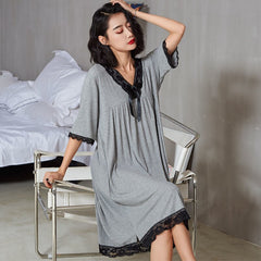 Patchwork Lace V-neck Women Nightgowns Knee-length Sexy Elegant Thin Half Sleeve  Summer Homewear Fashion Chic Soft Leisure