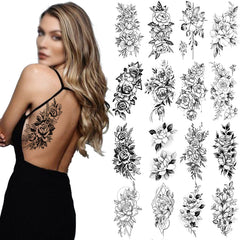 Pencil Sketch Flower Temporary Tattoos Sticker Women's Fashion Body Art Arm Wasit Tatoos Fake Black Rose Waterproof Tattoo Decal