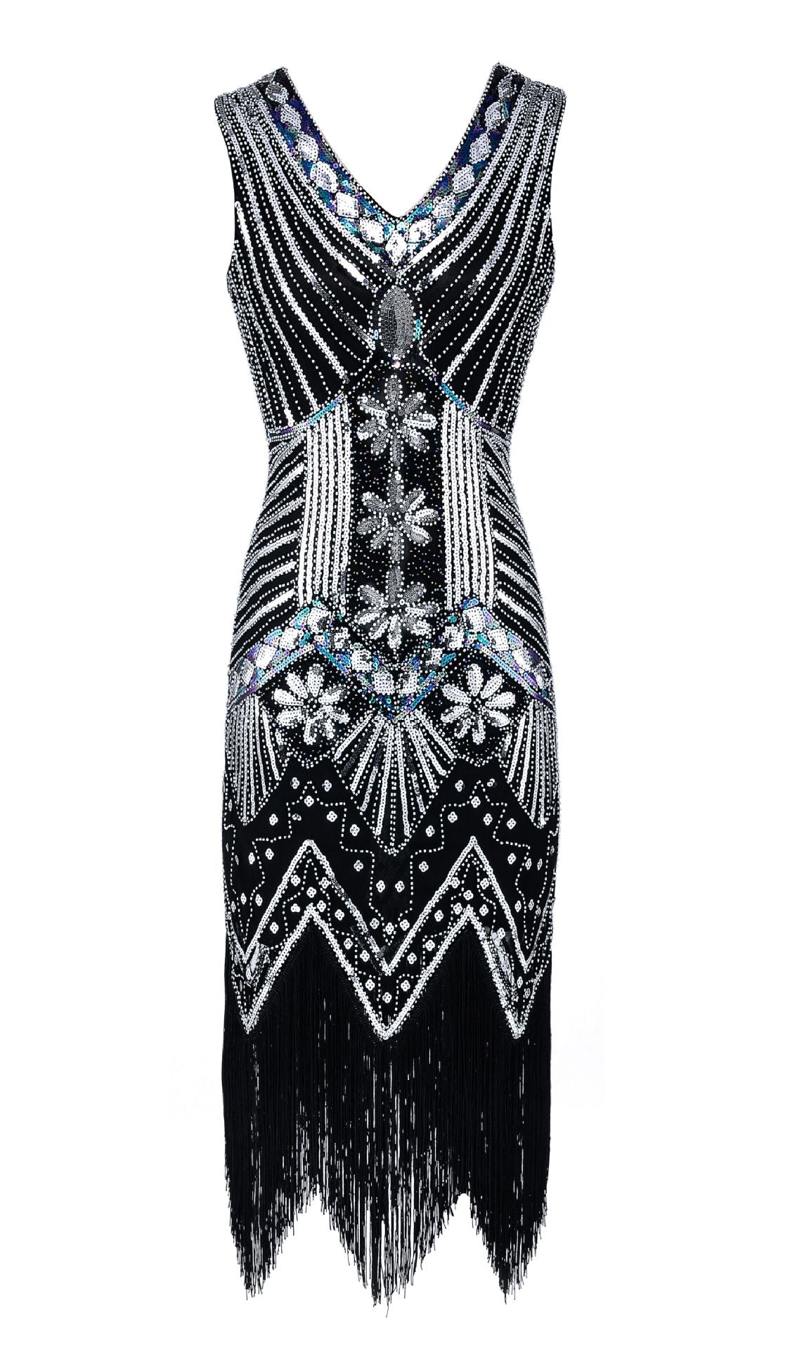 Hot selling new retro style sequined beaded dress front and back V-neck fashion fringe dress