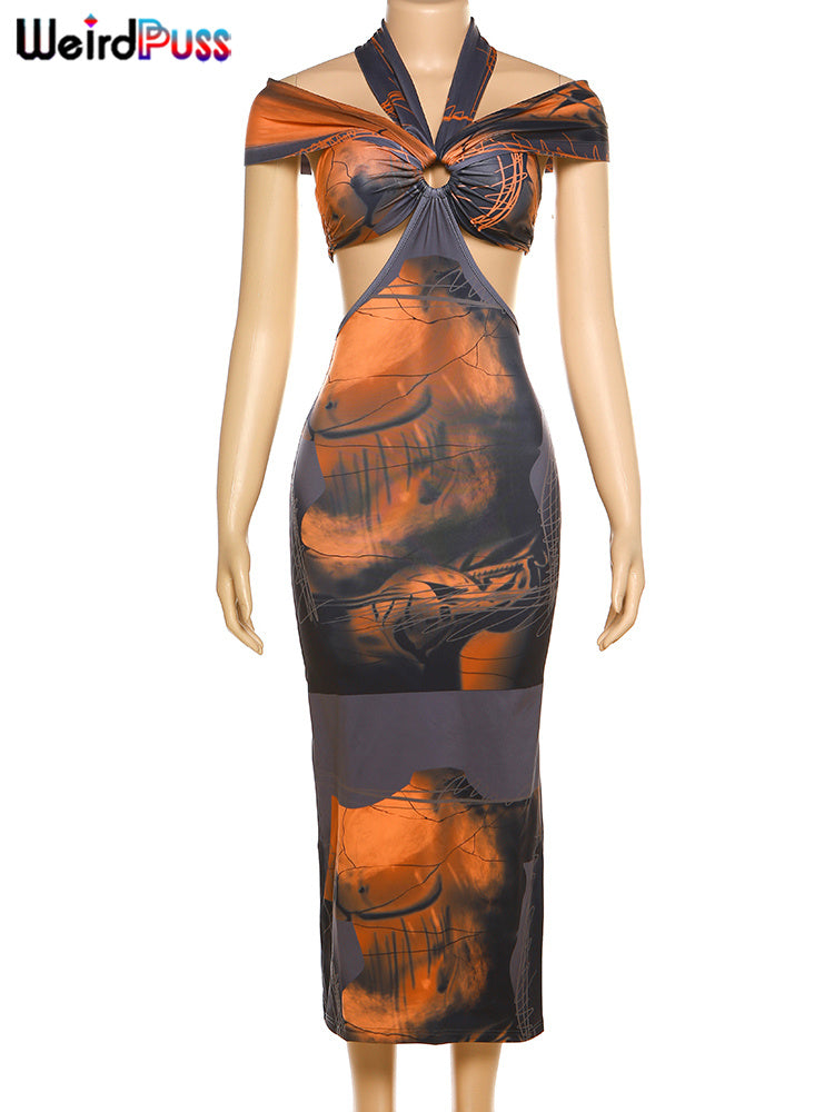 Weird Puss Colorful Print Women Maxi Dress Halter Hollow Sleeveless Slash Neck Elegant Summer Vacation Party Bodycon Vestidos