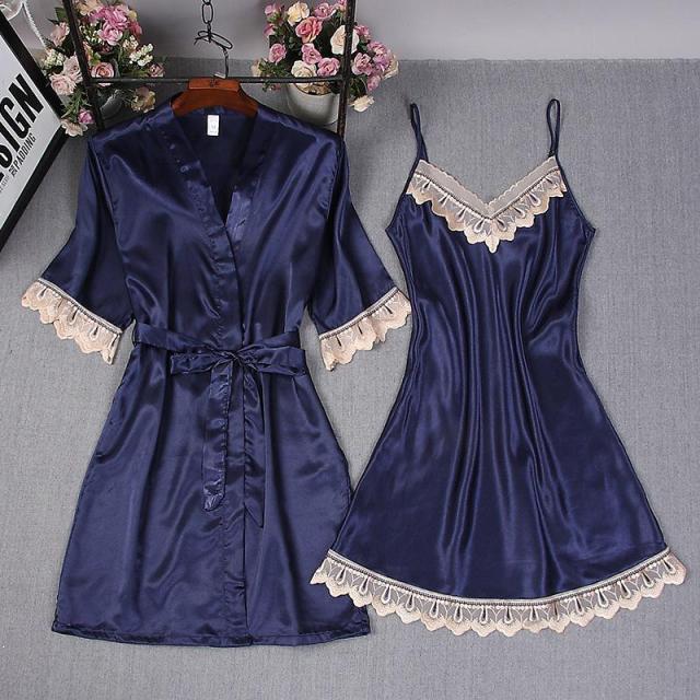 Women Rayon 2PCS Robe Set Bride Bridesmaid Wedding Robe Gown Lace Sexy Kimono Bathrobe Night Dress Casual Nightgown Sleepwear