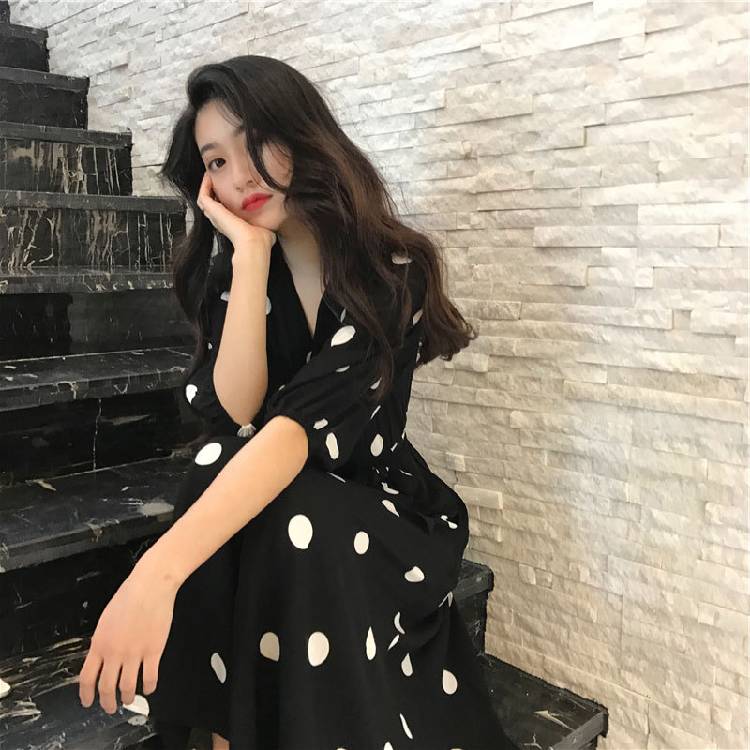 Boho New Summer Maxi Dress Clothes Vintage Slim French Retro Hepburn Wind Black Polka Dot Long Robe Korean Style Fashion