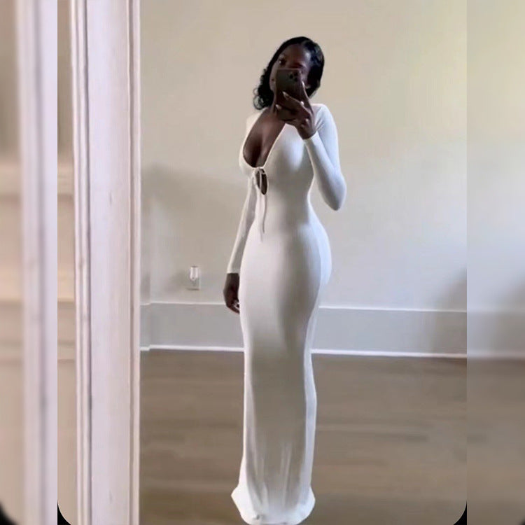 Europe and the United States sexy deep V one-step dress solid color self-cultivation bustless long bag  skirt female hot style