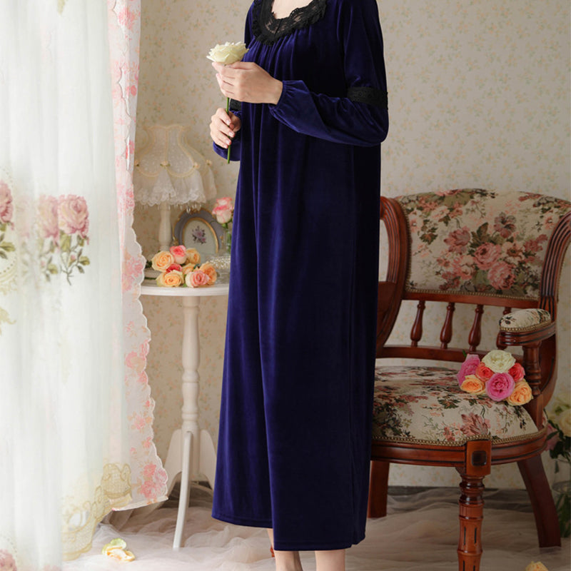 Women Winter Warm Night Dress Vintage Lace Round Neck Plus Size Nightgown Thicken Long Sleeve Thermal gold velvet pajamas court style dress Sleepwear