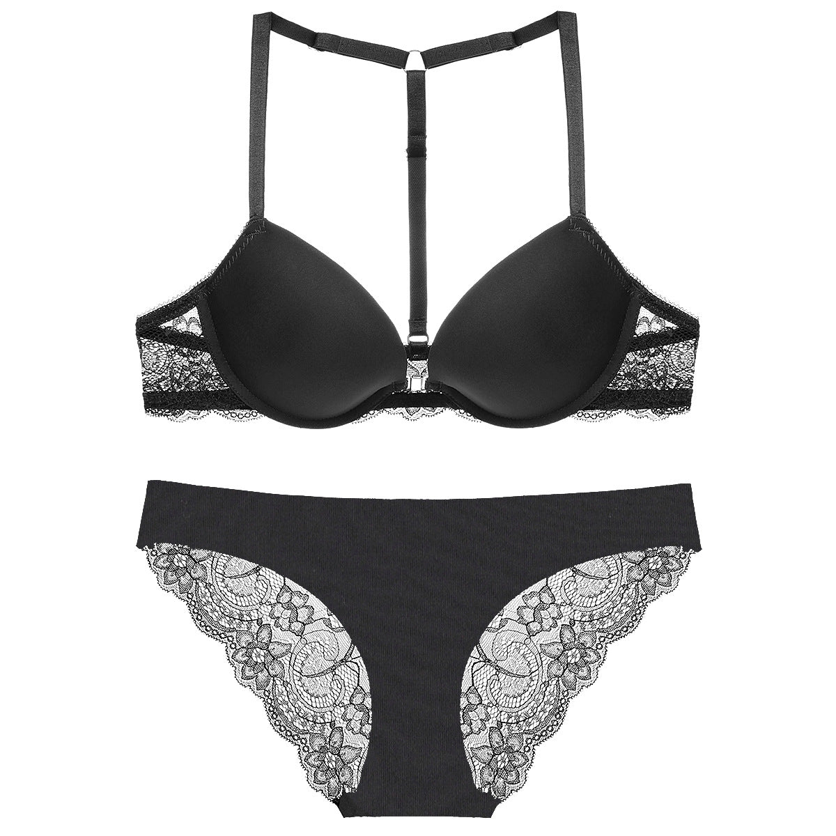 Simple glossy Y-shaped beautiful back  front buckle underwear push-up bra set 32-38AB