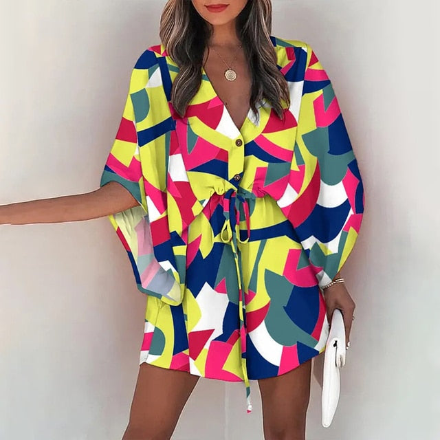 Fashion Batwing Sleeve Print Lace Up Mini Dress for Women Sexy V-Neck Casual Loose Boho Holiday Short Dresses Woman 2022 Summer