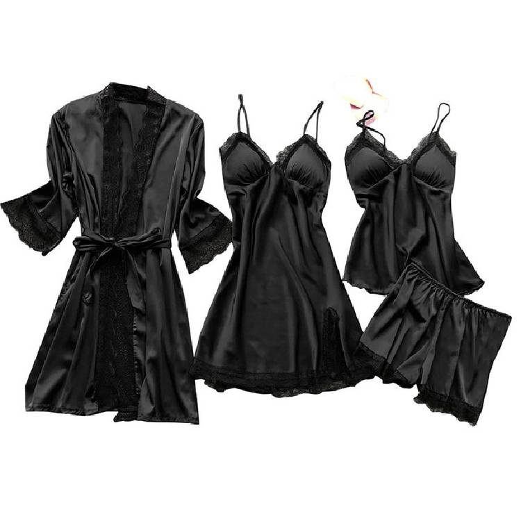Lace Up Lingerie Pajamas Set Nightdress Women Long Silk Dressing Gown Bath Robe Sleep Wear Four piece Suit Sleepwear
