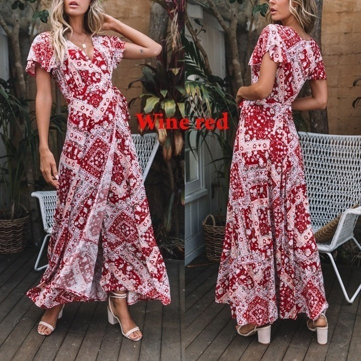 Women's Summer Flower Dress Short Sleeve Boho Maxi Dress Printed Flower Dress Maxi Beach Dress