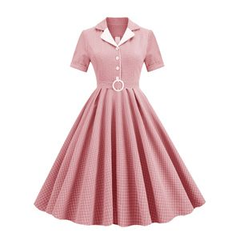 تنورة توفار ذات الياقة المدببة بإبزيم وحزام كلاسيكي منقوش متوسط ​​الطول للسيدات بأكمام قصيرة 50s فستان فيروزي