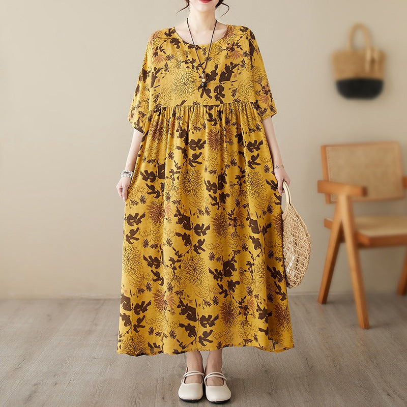 Middle-aged fat mother shows thin dress 150 jin 180 jin fat mm large size women's retro floral temperament long skirt