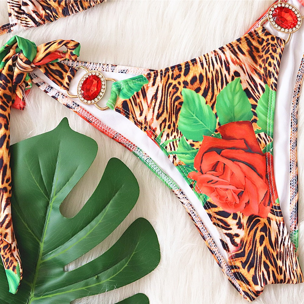 New swimsuit flower leopard print split swimsuit sexy women's swimwear crystal diamond bikini