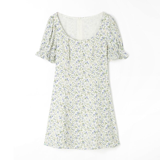 فستان صيفي قصير أنيق على شكل حرف A للنساء فستان شاطئ بأكمام قصيرة ومكشكش مطبوع عليه زهور فستان صيفي بوهو برقبة دائرية مع حزام 