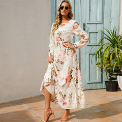 Sping Summer Bohemian Women Maxi Dress Casual Long Sleeve  Waist Beach Woman Chiffon Dresses Floral Vestidoes Mujer New