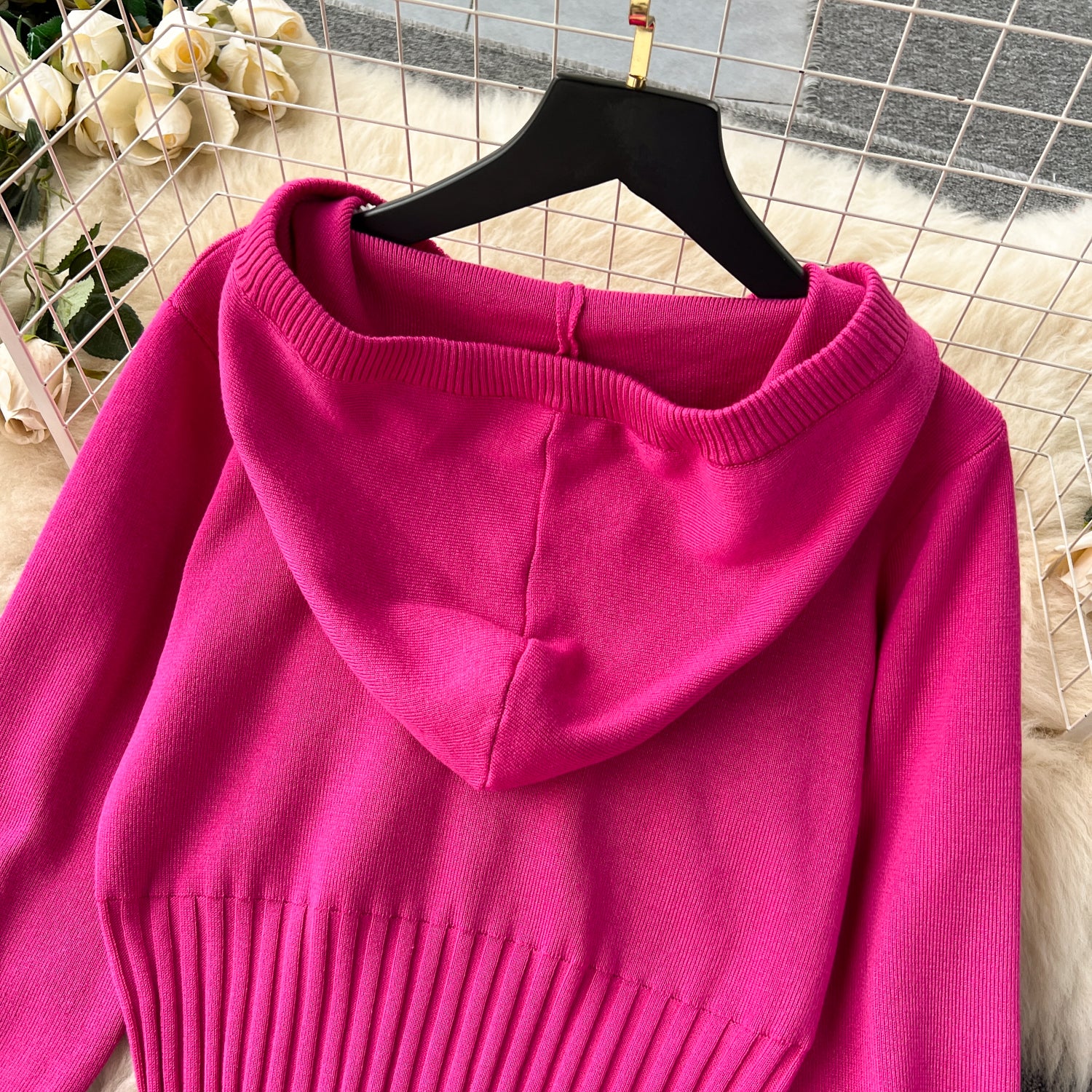 Autumn and winter European and American style minimalist solid color  hooded top +  waisted  trousers casual two-piece set