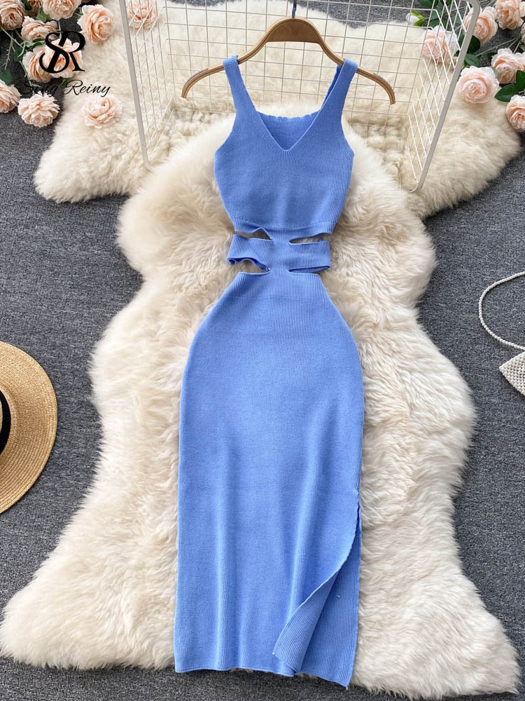 Summer Knit Sexy Strap Dress Women Hollow Out Elatic Waist Bodycon Sundress Female Beach Split Backless Long Dress