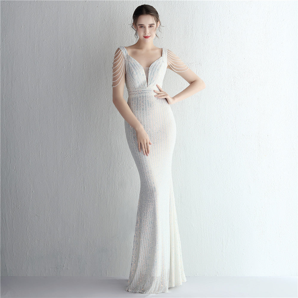 New sequined ladies banquet temperament V-neck show figure long aura queen dinner fishtail skirt