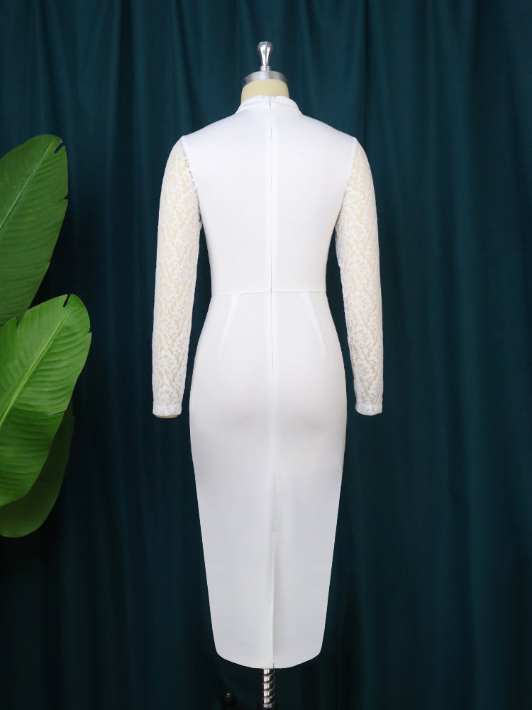 AOMEI White Bodycon Lace Dress Women High Neck See Through Deep V Long Sleeve Elegant Midi Robes Party Evening Wedding Event New
