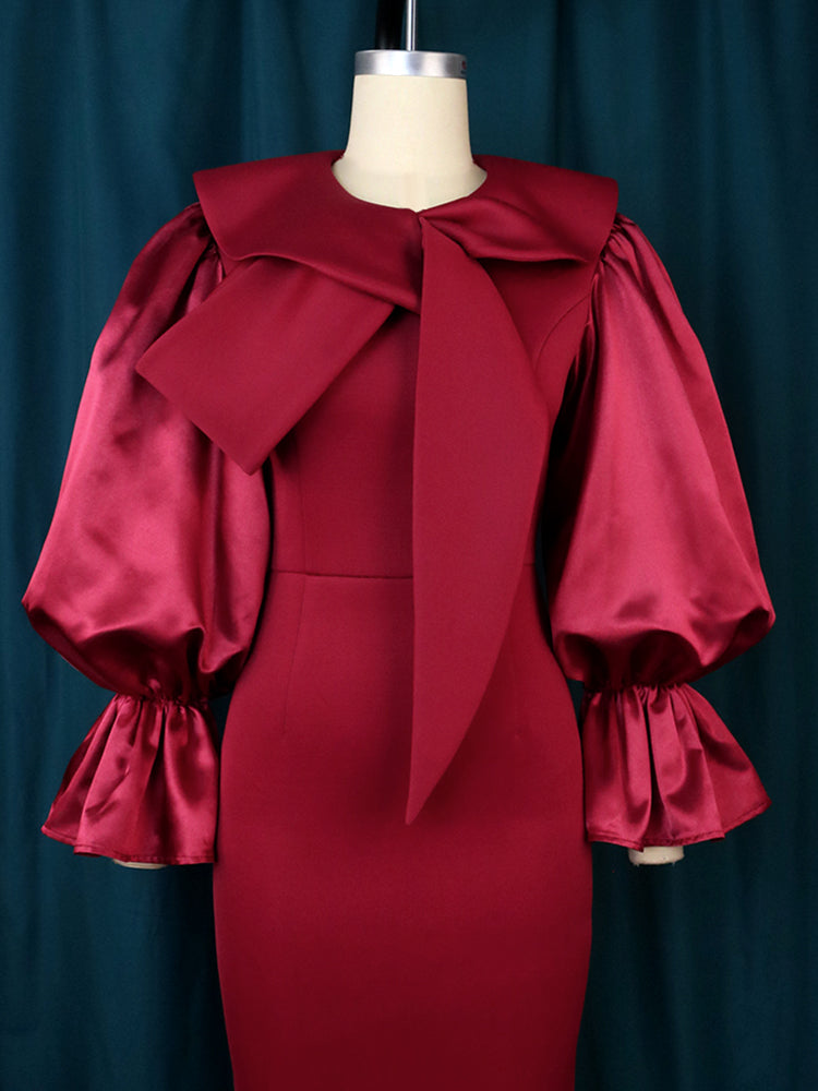 Women Long Sleeve Bodycon Dress with Bow Collar Slim Sheath Elegant Classy Office Ladies Date Out Event Large Size Female Gowns