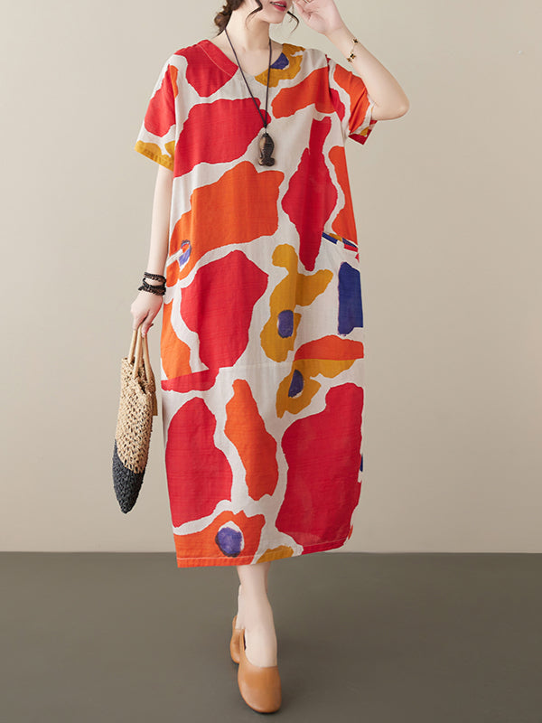 Women's summer new cotton and linen printed short-sleeved dress retro style age-reducing large size pullover V-neck mid-length skirt