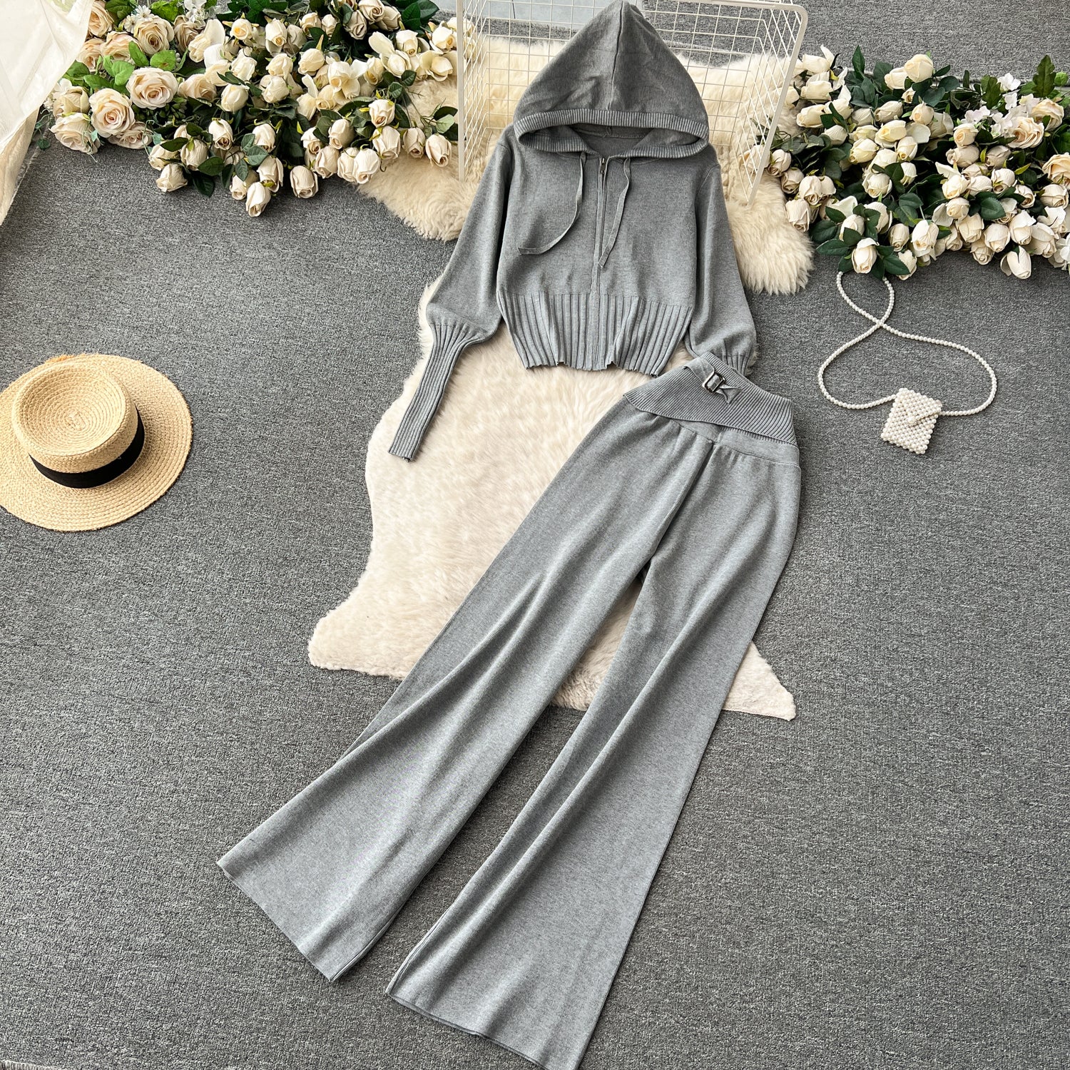Autumn and winter European and American style minimalist solid color  hooded top +  waisted  trousers casual two-piece set