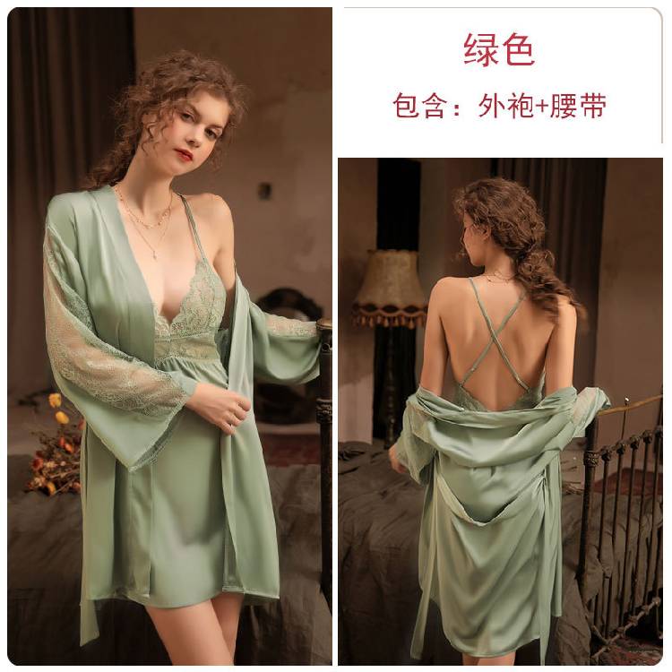 Rose  spring and summer female Europe and the United States new pajamas satin long-sleeved tape nightgown bathrobe home clothing 780