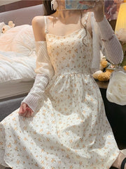 كوريا الملابس 2 قطعة مجموعة فستان المرأة سليم الأزهار فستان بحزام مكتب سيدة الشاطئ نمط بوهو أنيق ميدي فستان حفلة 2022 الصيف