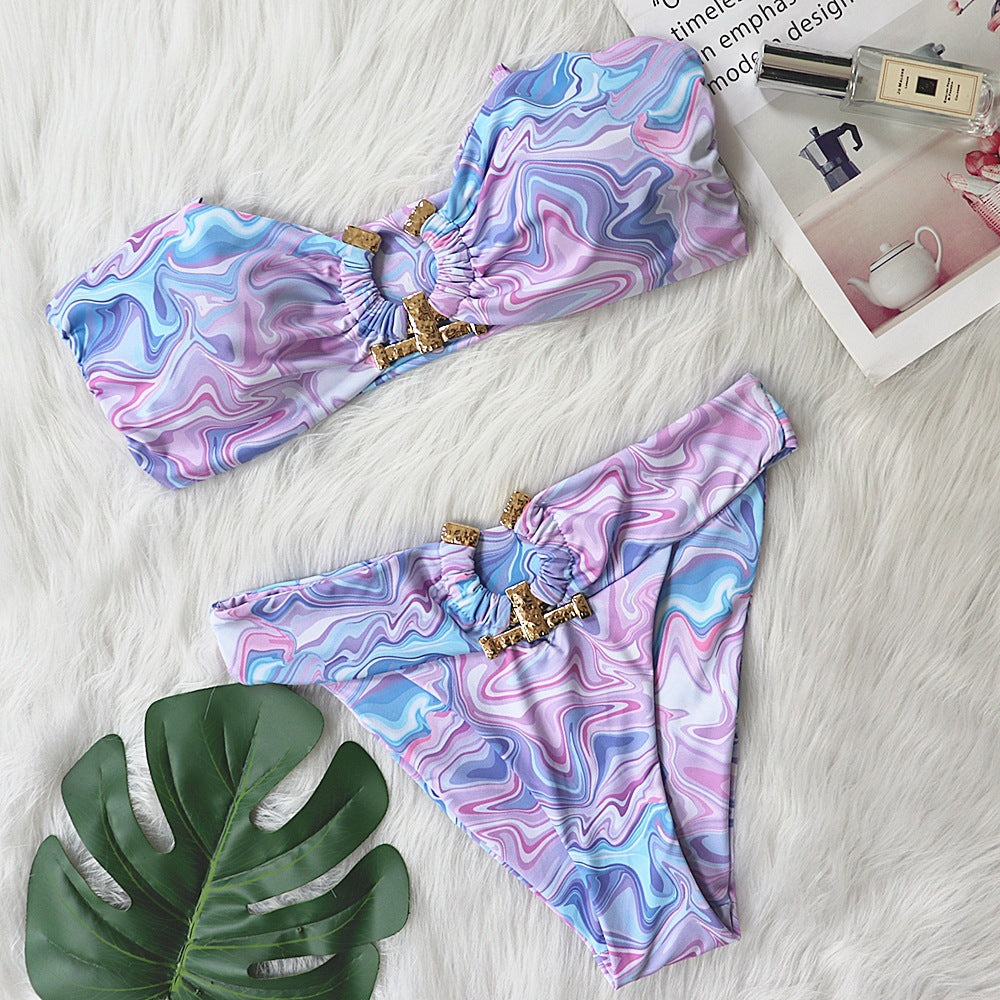 Explosive new style European and American bikini solid color tube top high waist swimsuit metal accessories female swimwear