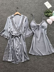 Sexy Ladies Pajamas Lace Temptation Sling Nightdress + Long Sleeve Bathrobe Bathrobe Home Service Set