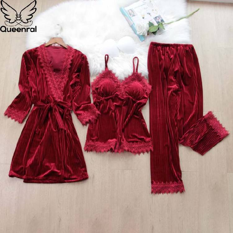 Queenral 3pcs Gold Velvet Pajamas Set For Women Warm Pyjama Lace Pajamas Winter Sleepwear Nightdress Homewear Pijamas
