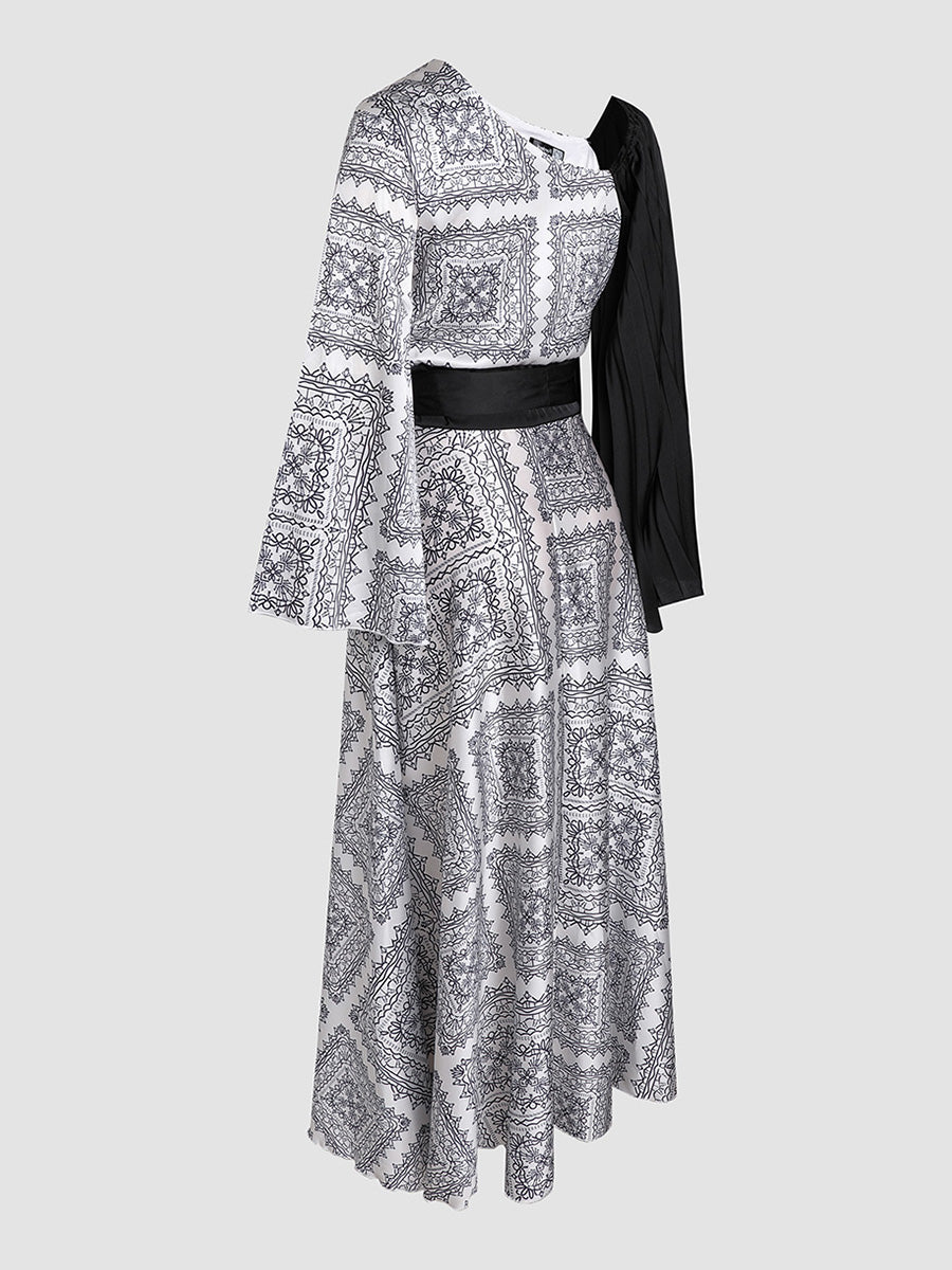 Elegant off-the-shoulder fashion print tie dress