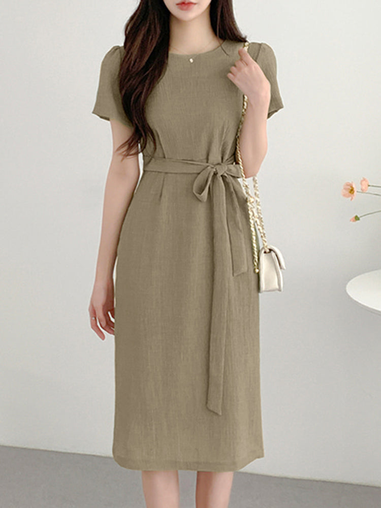 ZAZNEA Causal Loose Dress Ladies Elegant Work Vestido Women Summer Short Sleeeve Solid Sundress Fashion Loose Lace Up Dresses