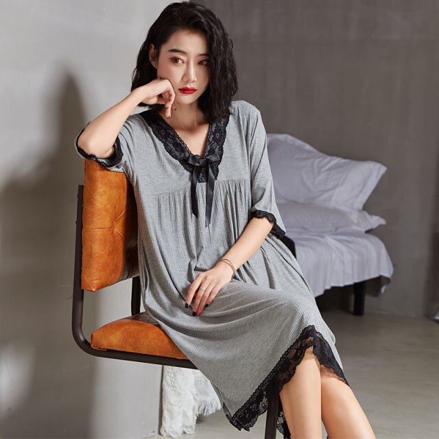 Patchwork Lace V-neck Women Nightgowns Knee-length Sexy Elegant Thin Half Sleeve  Summer Homewear Fashion Chic Soft Leisure