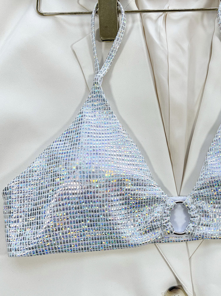 European and American style new women's sexy  strapless backless shiny silver  suit summer seaside vacation beach swimming navel  -cut c