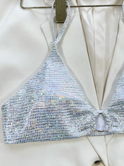 European and American style new women's sexy  strapless backless shiny silver  suit summer seaside vacation beach swimming navel  -cut c