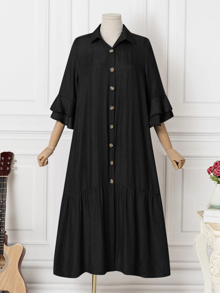 ZANZEA Women Elegant Dresses Solid Turn-Down-Collar Three Quarter Sleeves Calf Length Dress Fashion Holiday Casual Loose Ladies Vestido Plus Size