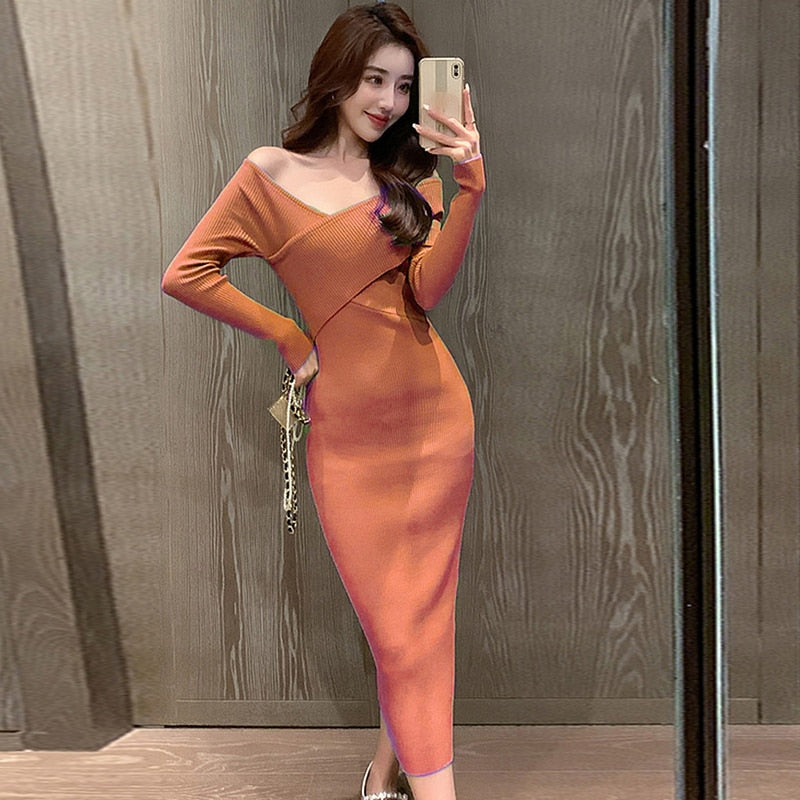 Fashion Women Vintage V-Neck Off-shoulder Sheath Midi Party Dress Elegant Simple Bodycon Skinny Knitted Inner-Match Female Dress