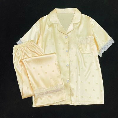 Summer women's short-sleeved trousers gentle wave dot lace women's pajamas  silk home service suit