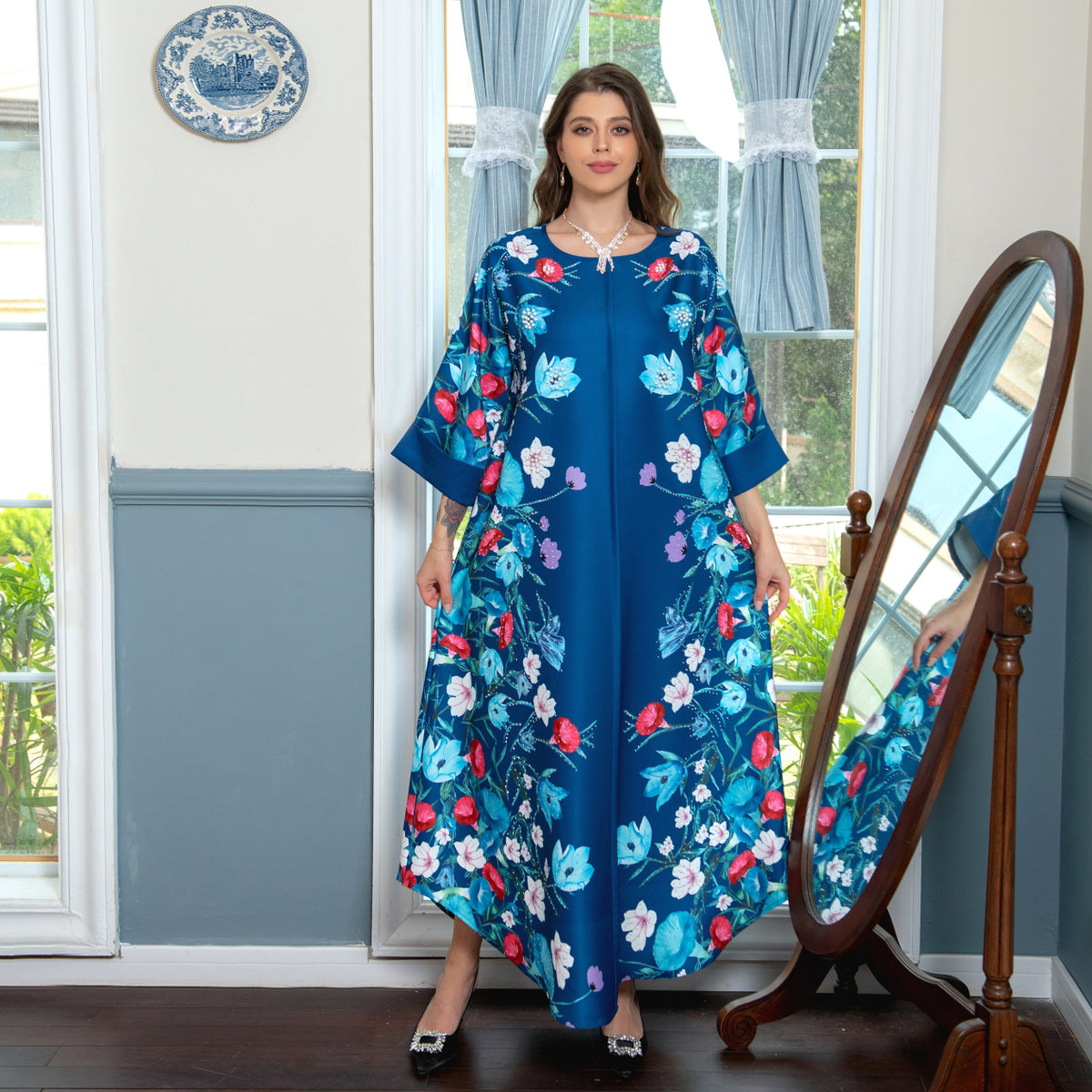 Middle East Arab Dubai Flower Beading Hot Diamond Muslim Robe Fashion Light  Jalabiya Arabian Ladies Dress