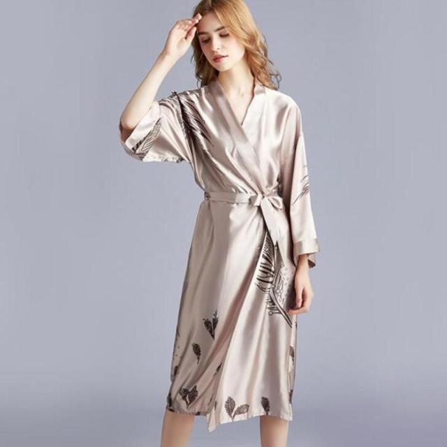 Burgundy Women Full Sleeve Summer Kimono Robe Bathrobe Satin Print  Nightdress Plus Size XL-3XL  Home Dress Sleepwear