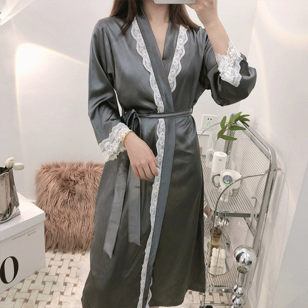 Dressing gown female bride bridesmaid group wedding home nightgown spring and autumn ice silk long bathrobe sexy lace