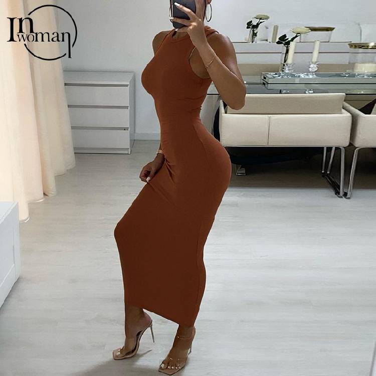 Inwoman مضلع محبوك الصيف أسود أبيض فستان ماكسي المرأة 2021 حفلة Bodycon فستان طويل فستان الشمس السيدات براون التفاف فساتين 